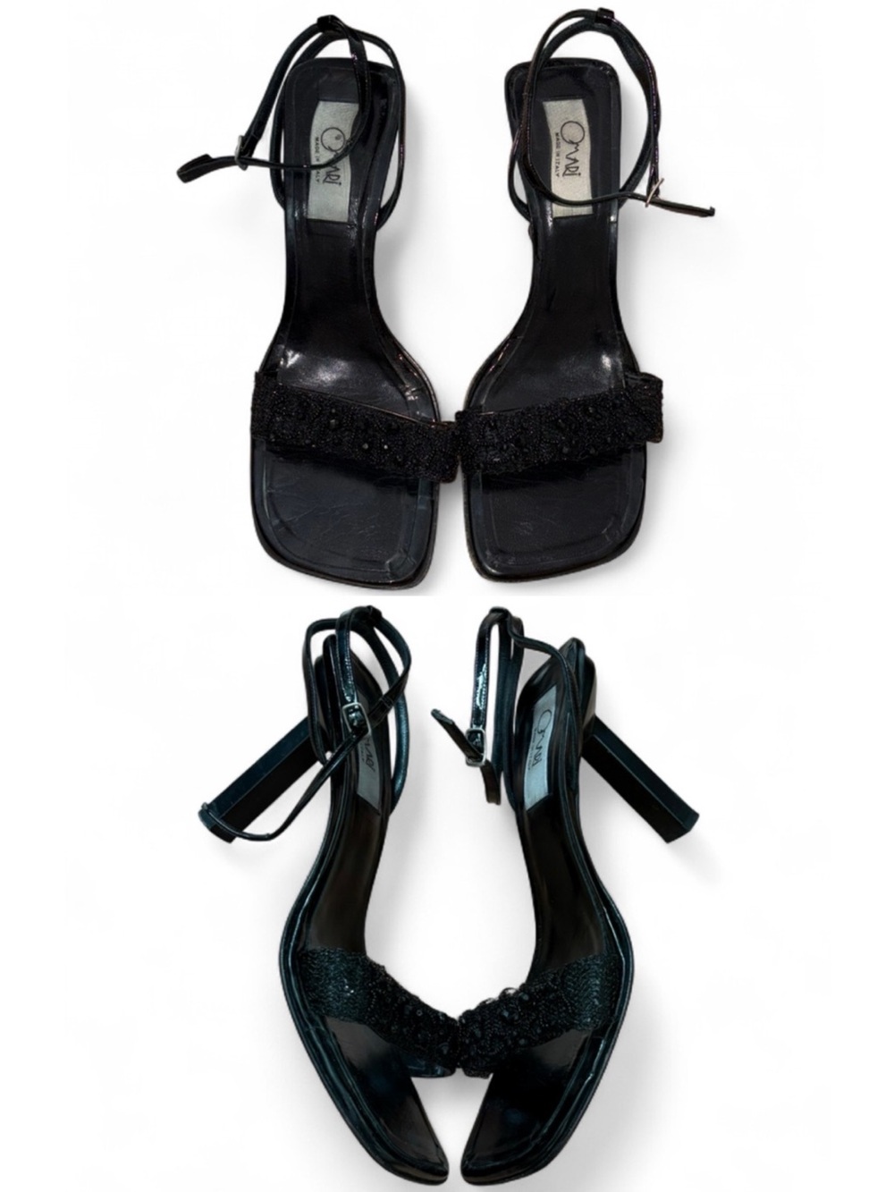Vintage Omari Italian Black Embellished Patent Leather Heel Sandals Size 9 Glam